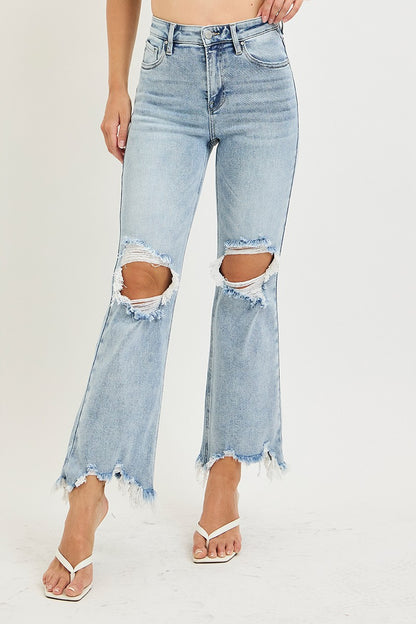 High rise crop straight leg denim jeans with stretch fit and ankle length cut