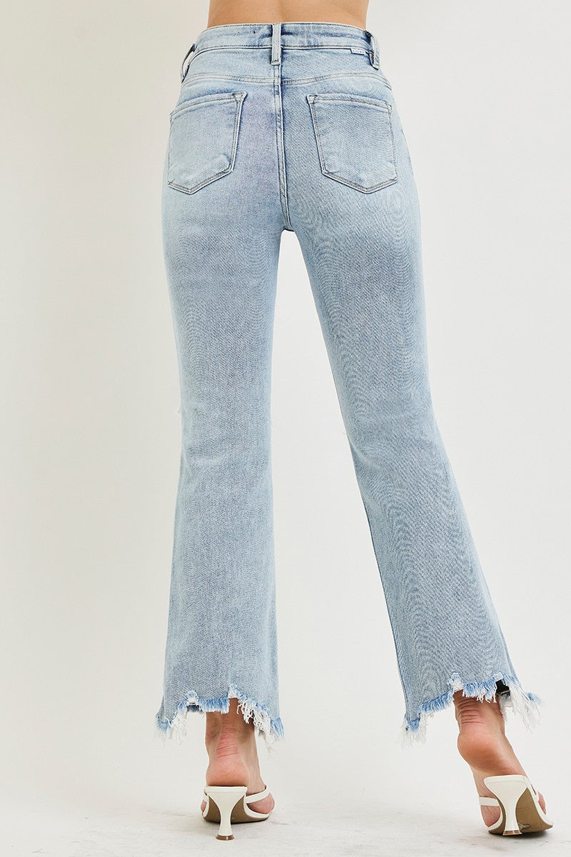 High rise crop straight leg denim jeans with stretch fit and ankle length cut