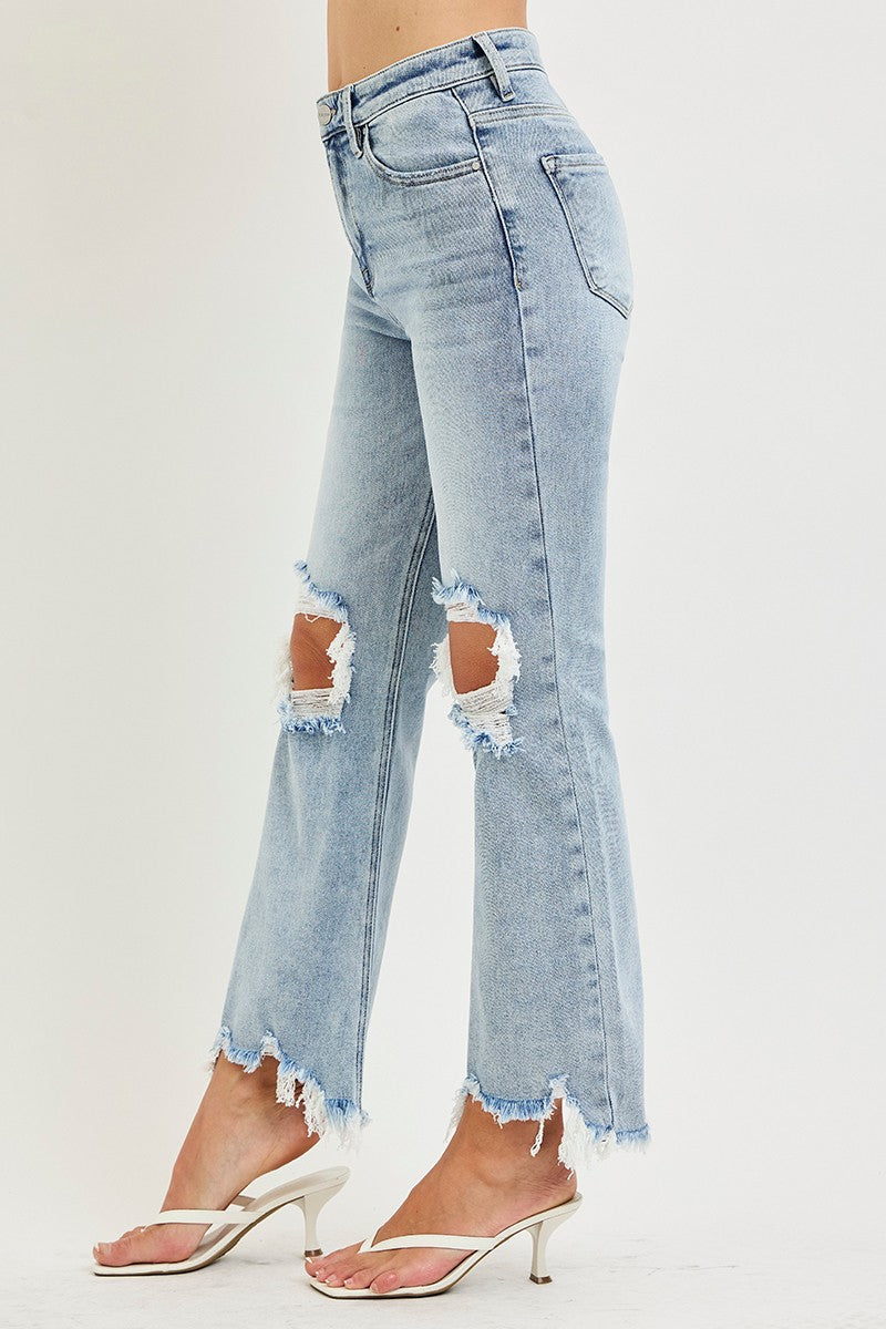 High rise crop straight leg denim jeans with stretch fit and ankle length cut