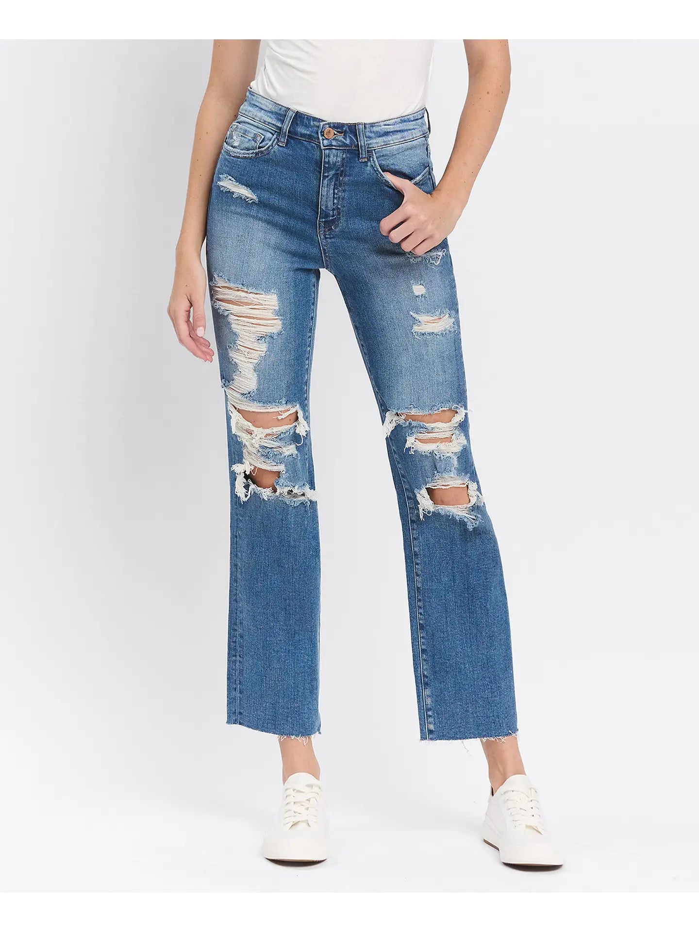 Lennon High Rise Jeans — distressed relaxed ankle straight denim with raw hem and comfort stretch.