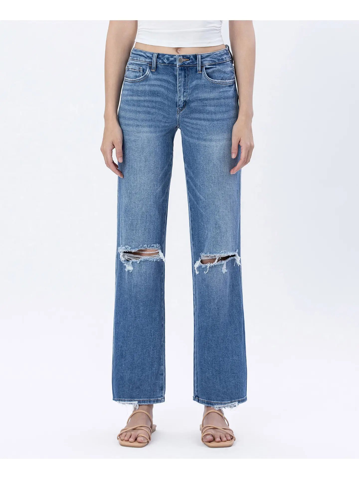 Gladden Slim Wide Jeans — high rise distressed slim wide leg jeans with full length fit and comfort stretch.