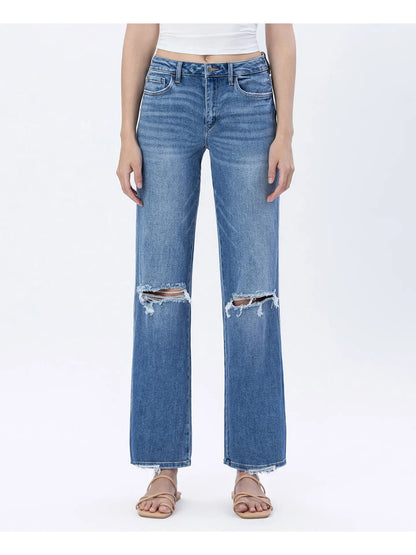 Gladden Slim Wide Jeans — high rise distressed slim wide leg jeans with full length fit and comfort stretch.