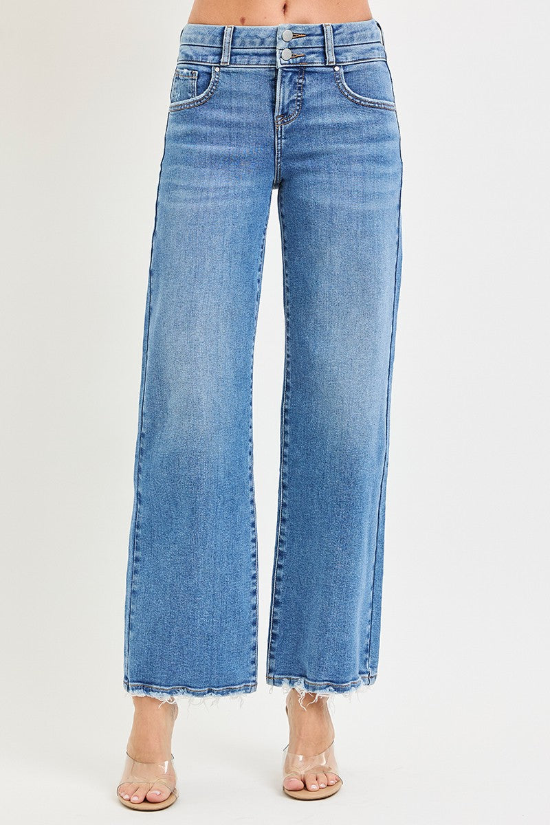 High-rise wide leg denim jeans with double waistband detail and relaxed fit