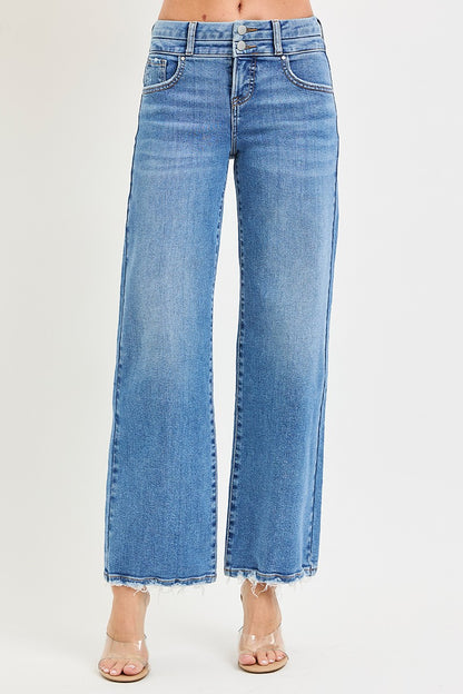 High-rise wide leg denim jeans with double waistband detail and relaxed fit
