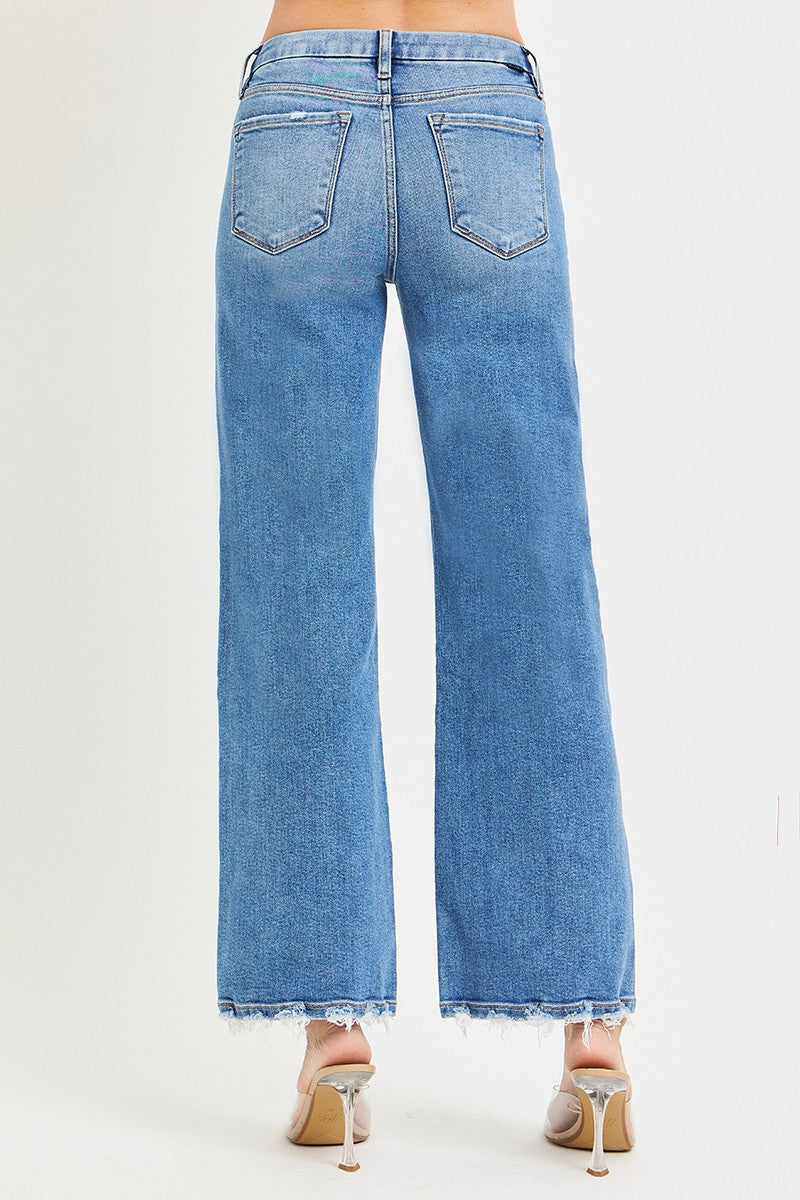 High-rise wide leg denim jeans with double waistband detail and relaxed fit
