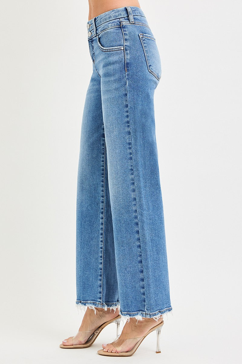 High-rise wide leg denim jeans with double waistband detail and relaxed fit