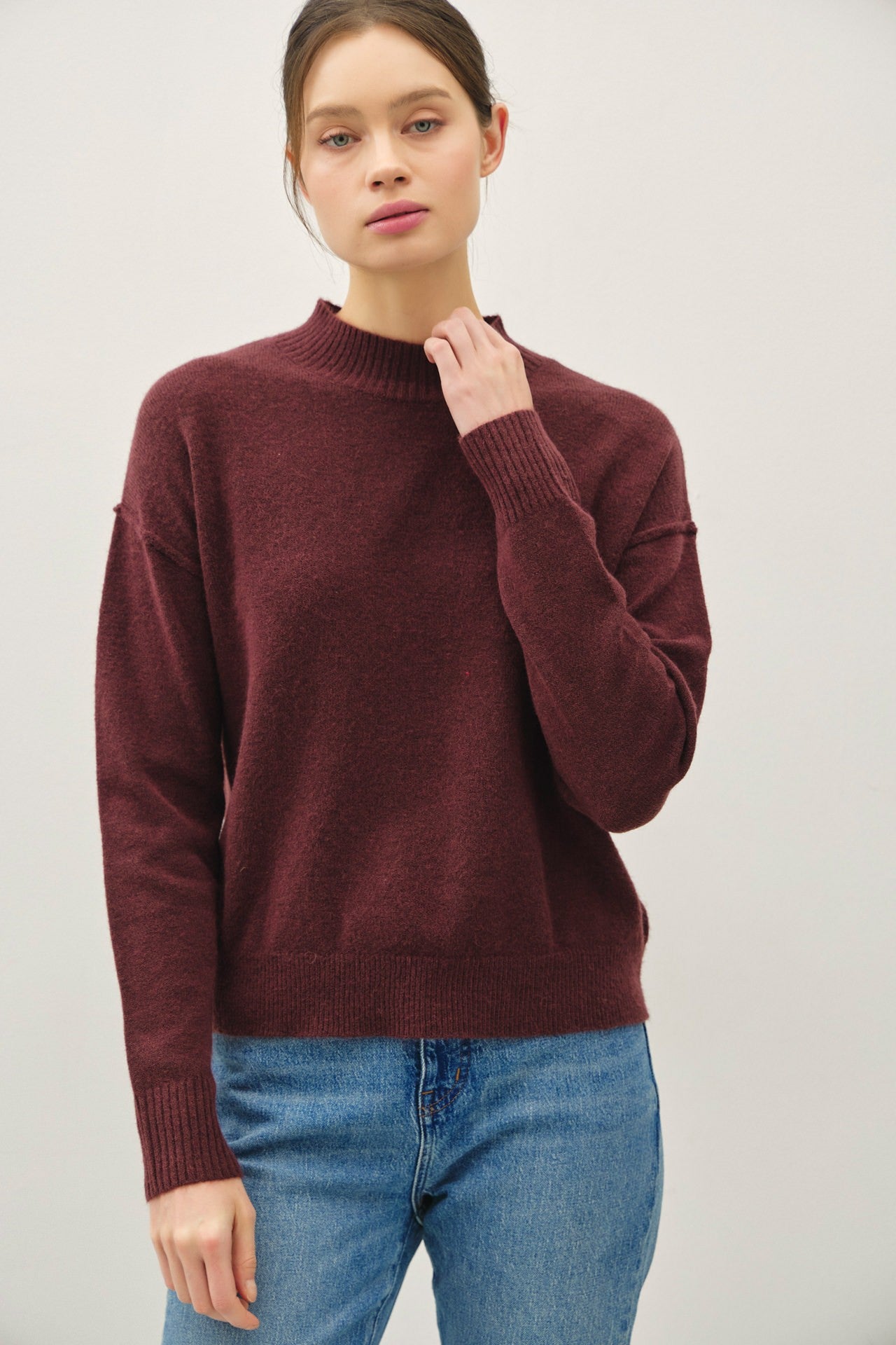 Chocolate mock neck cropped pullover sweater with raised seam detailing and drop shoulders — Cocoa Crush Highneck Sweater from Frost Impressions Boutique.