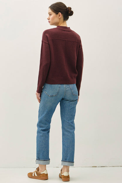 Chocolate mock neck cropped pullover sweater with raised seam detailing and drop shoulders — Cocoa Crush Highneck Sweater from Frost Impressions Boutique.