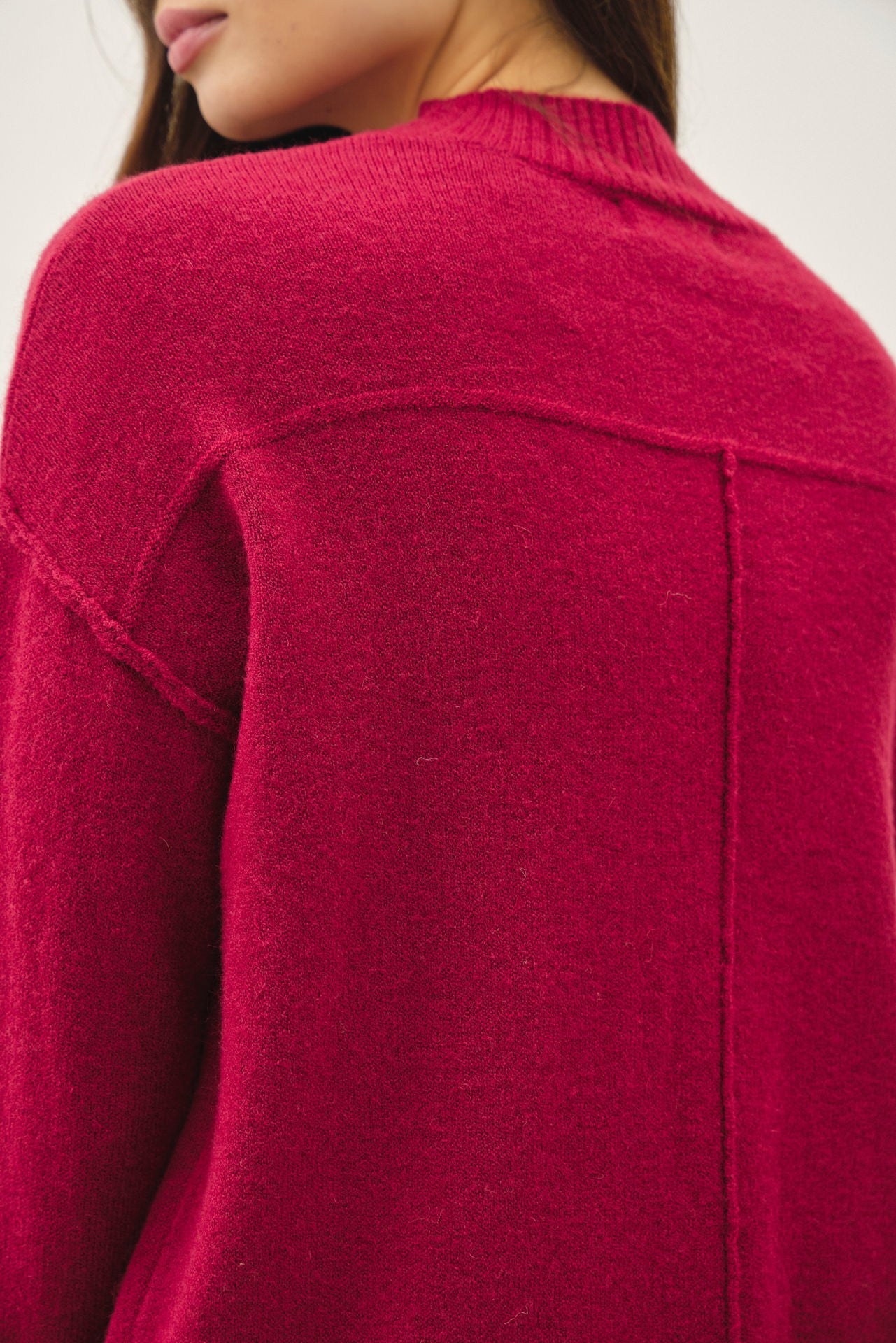 Poppy red mock neck cropped pullover sweater with raised seam detailing and drop shoulders — Poppy Lane Highneck Sweater from Frost Impressions Boutique.