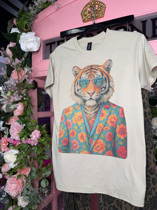 Rhinestone tiger graphic tee with floral tuxedo and glasses on sand Gildan Softstyle shirt from Frost Impressions Boutique