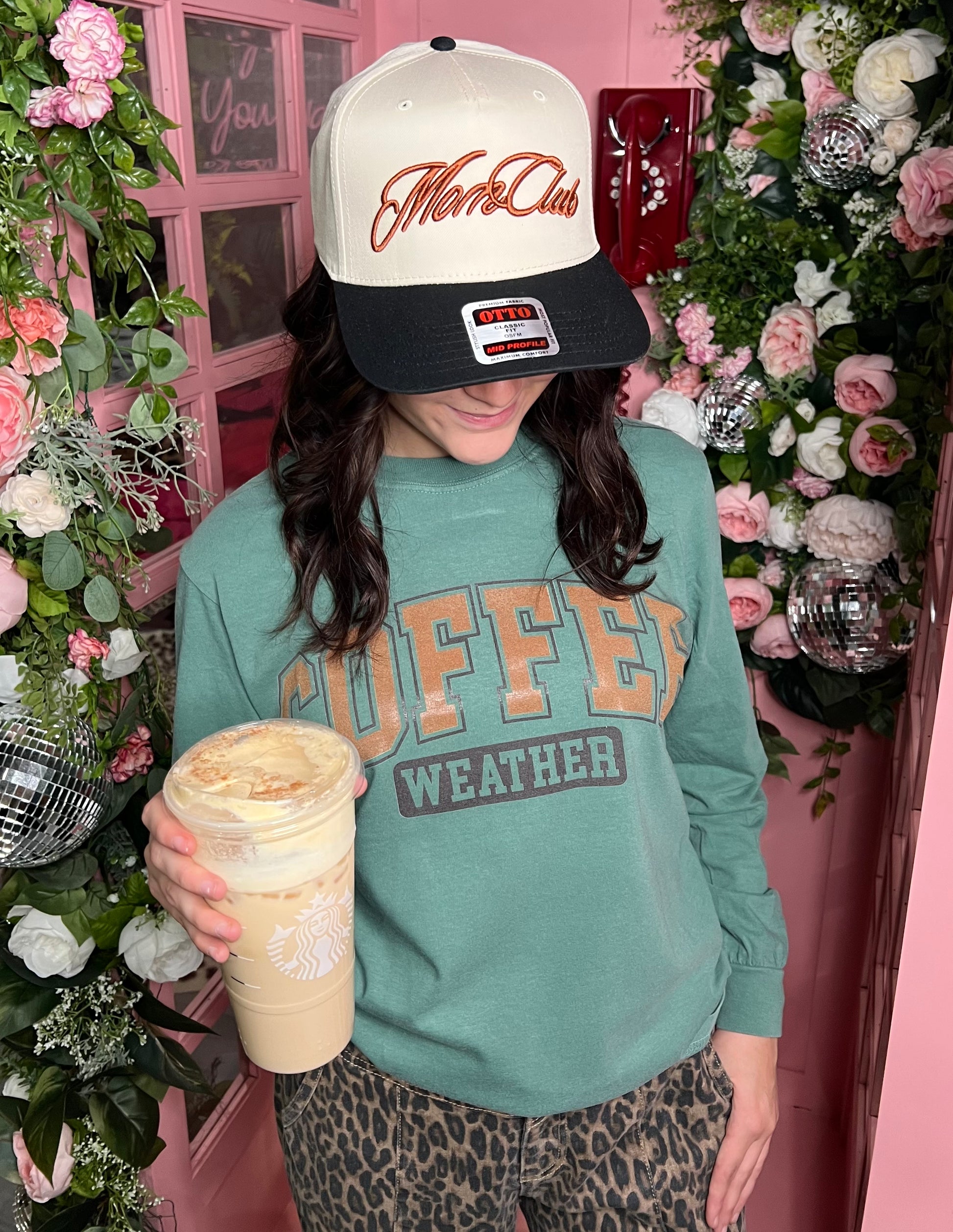 Coffee Weather Long Sleeve — light green Comfort Colors graphic tee from Frost Impressions Boutique in Wapakoneta, Ohio.