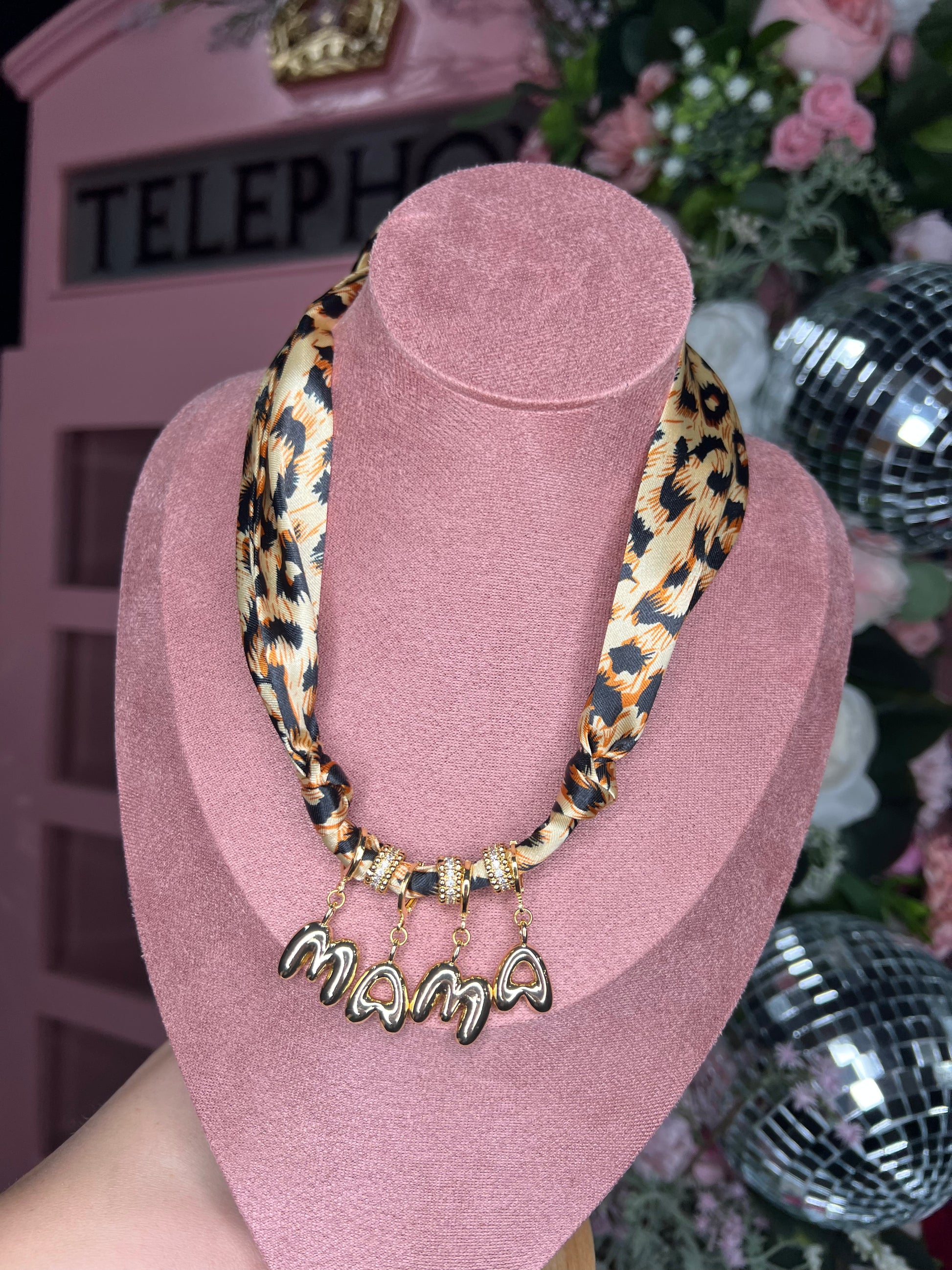 Mama Bubble Letter Scarf Necklace — neutral satin scarf necklace with 18K gold plated bubble letters and CZ accents from Frost Impressions Boutique in Wapakoneta, Ohio.