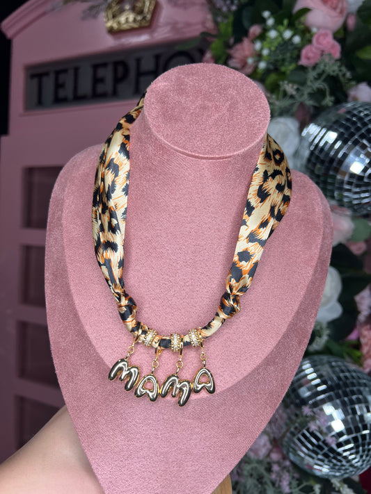 Mama Bubble Letter Scarf Necklace — neutral satin scarf necklace with 18K gold plated bubble letters and CZ accents from Frost Impressions Boutique in Wapakoneta, Ohio.