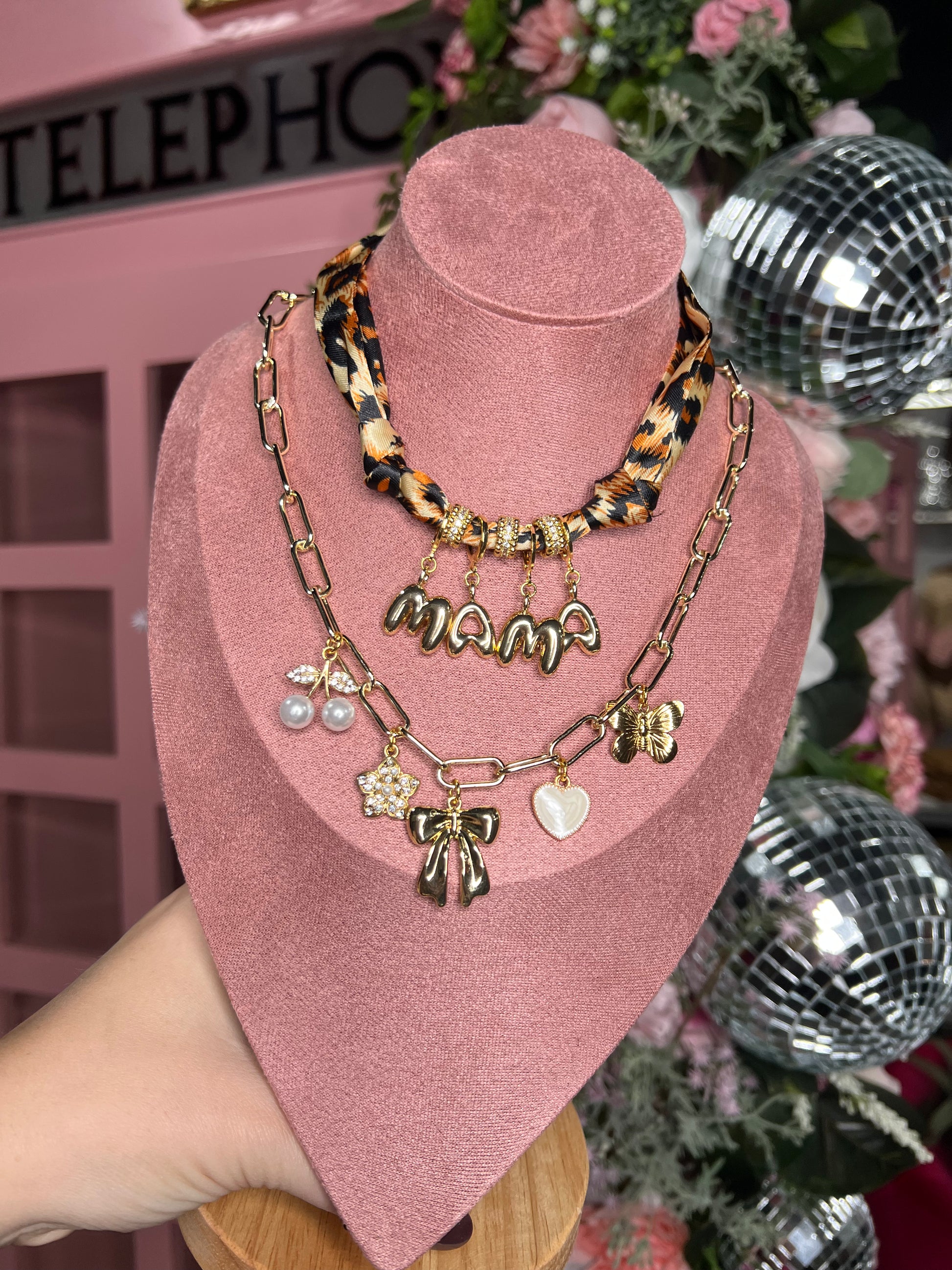 Mama Bubble Letter Scarf Necklace — neutral satin scarf necklace with 18K gold plated bubble letters and CZ accents from Frost Impressions Boutique in Wapakoneta, Ohio.