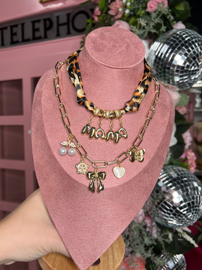 Mama Bubble Letter Scarf Necklace — neutral satin scarf necklace with 18K gold plated bubble letters and CZ accents from Frost Impressions Boutique in Wapakoneta, Ohio.