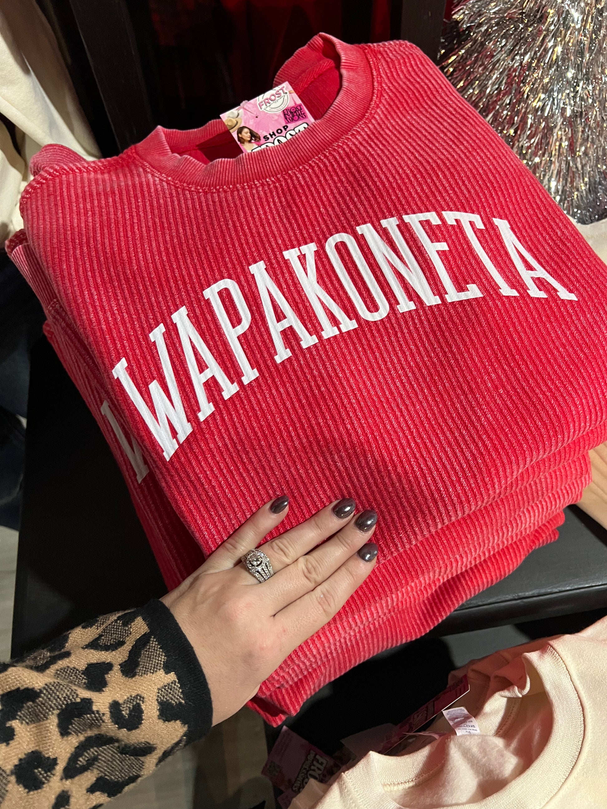 Wapakoneta Corded Crew — faded red long sleeve corded sweatshirt from Frost Impressions Boutique in Wapakoneta, Ohio.