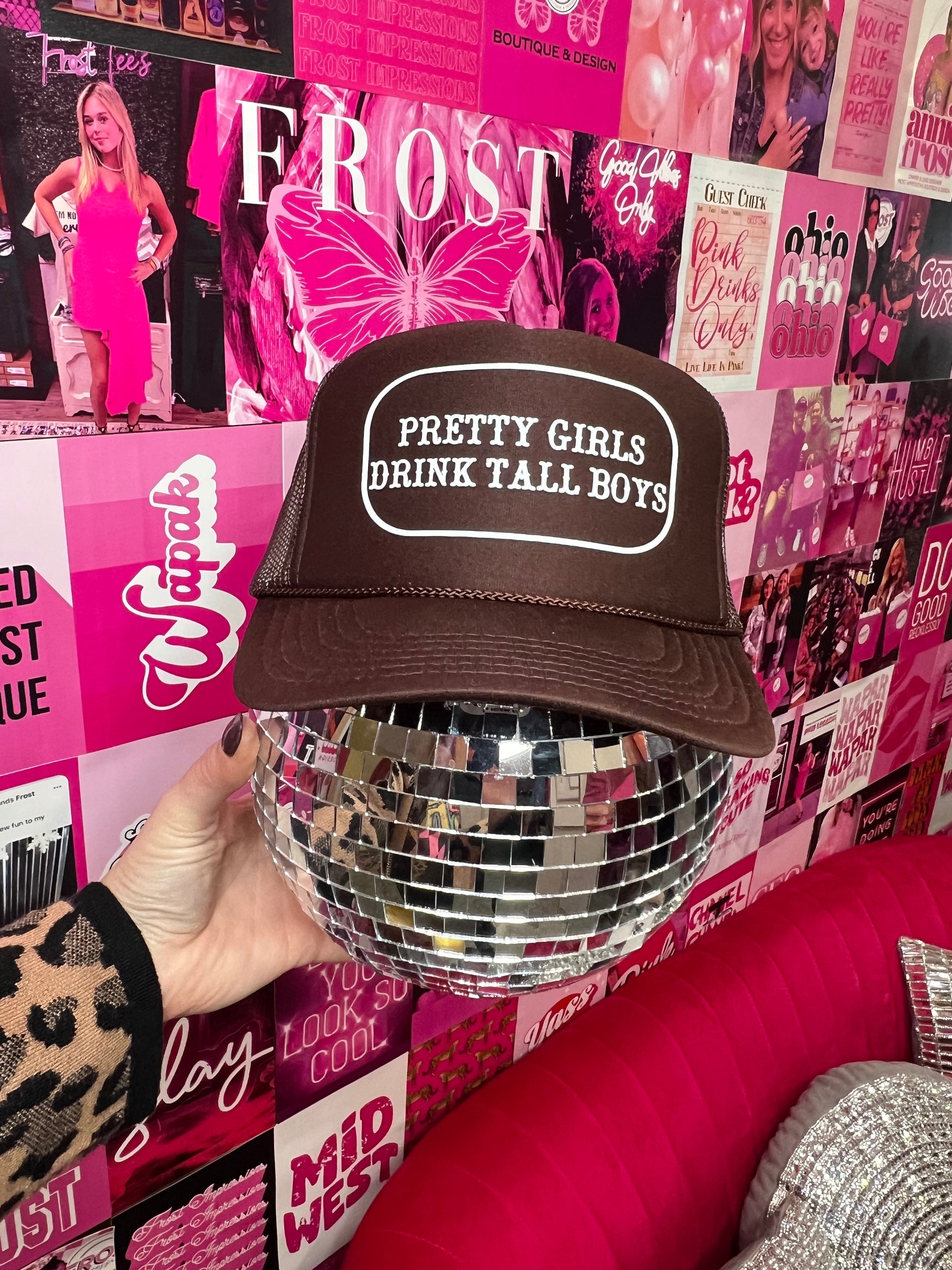 Foam Otto trucker hat in deep green, black, and dark brown with “Pretty Girls Drink Tall Boys” embroidered design — trendy boutique hat from Frost Impressions Boutique in Wapakoneta, Ohio.