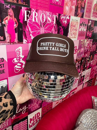 Foam Otto trucker hat in deep green, black, and dark brown with “Pretty Girls Drink Tall Boys” embroidered design — trendy boutique hat from Frost Impressions Boutique in Wapakoneta, Ohio.