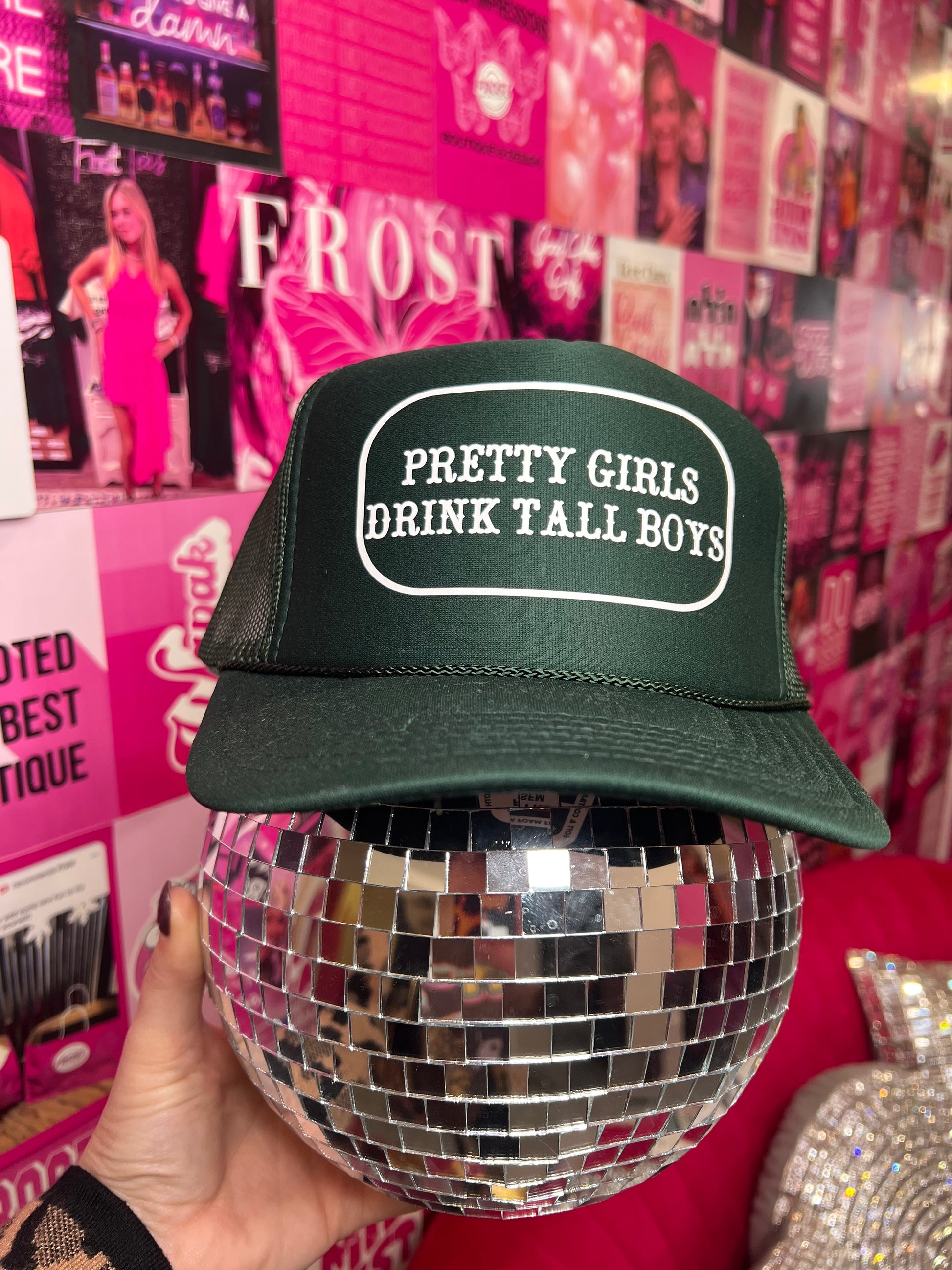 Foam Otto trucker hat in deep green, black, and dark brown with “Pretty Girls Drink Tall Boys” embroidered design — trendy boutique hat from Frost Impressions Boutique in Wapakoneta, Ohio.