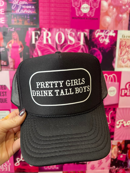 Foam Otto trucker hat in deep green, black, and dark brown with “Pretty Girls Drink Tall Boys” embroidered design — trendy boutique hat from Frost Impressions Boutique in Wapakoneta, Ohio.