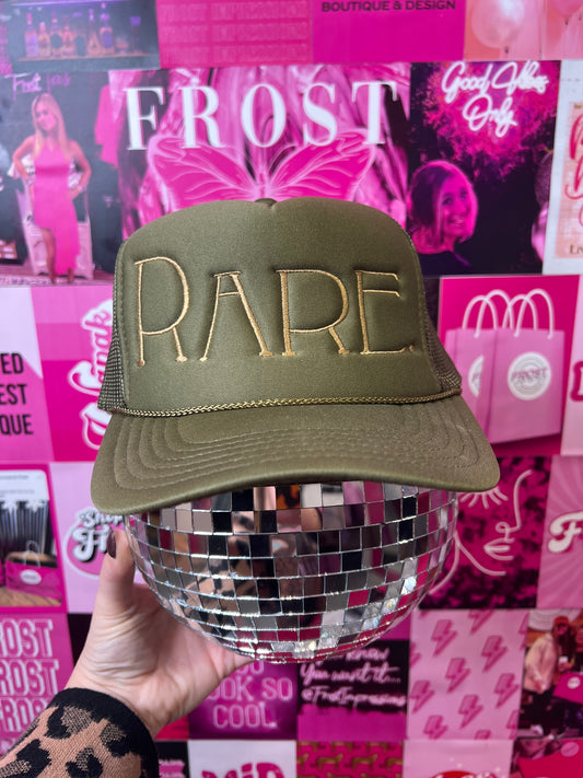 Sage foam trucker hat with gold flat embroidery reading “RARE” and rope detail — minimalist boutique hat from Frost Impressions Boutique in Wapakoneta, Ohio.