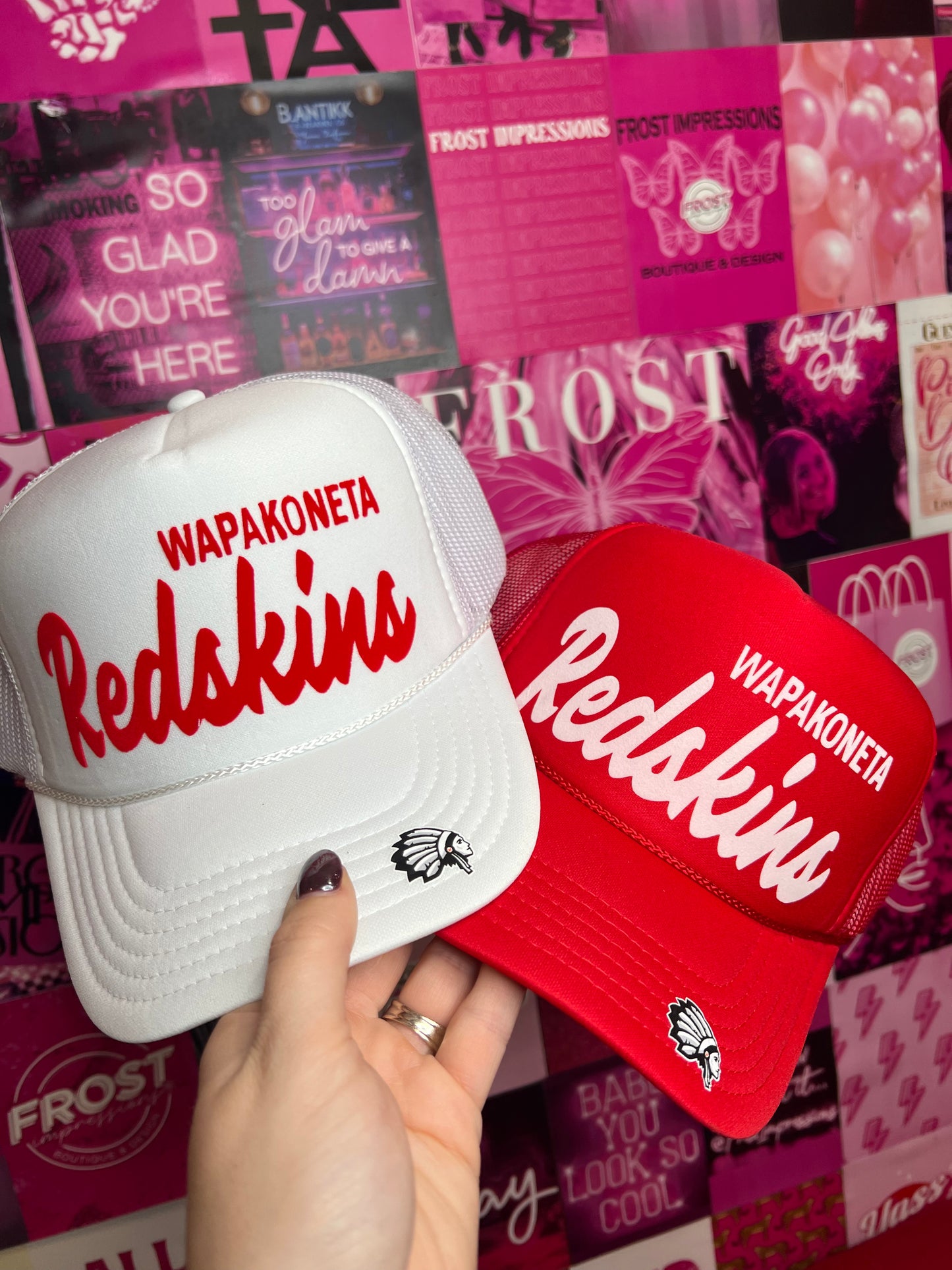 Wapakoneta Redskins “Redskins” foam trucker hat available in red and white with mesh back and embroidered design — boutique local apparel from Frost Impressions Boutique in Wapakoneta, Ohio.