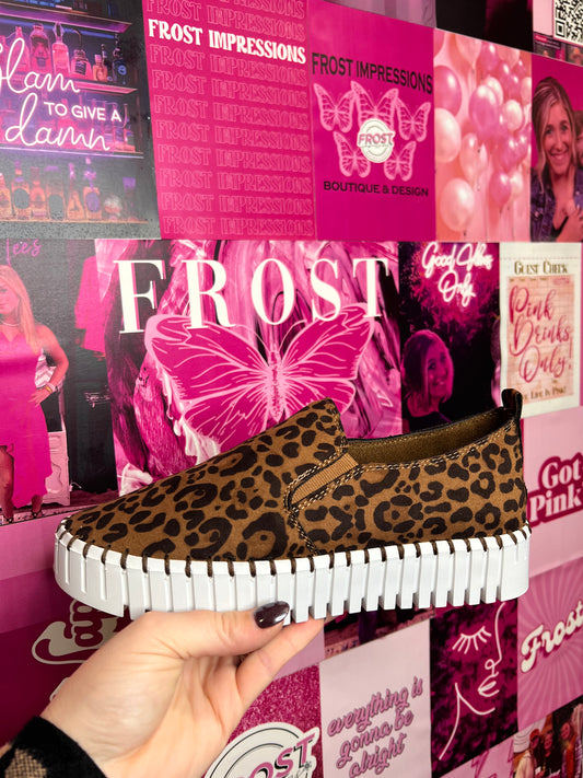 Leopard print slip-on platform wedge shoe — Sandra Slip-On from Frost Impressions Boutique in Wapakoneta, Ohio.
