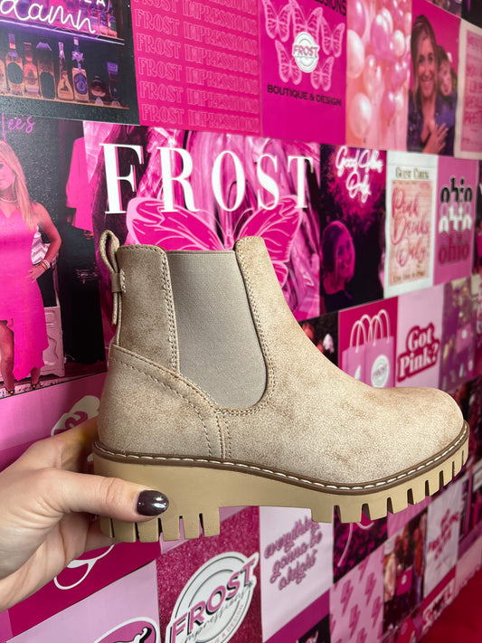 Nude slip-on platform ankle bootie — Pasadena Bootie (Nude) from Frost Impressions Boutique in Wapakoneta, Ohio.