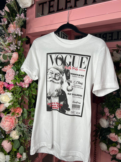 Vogue Santa holiday graphic tee with festive DTG print and sparkling stone accents — Vogue Santa Tee from Frost Impressions Boutique.