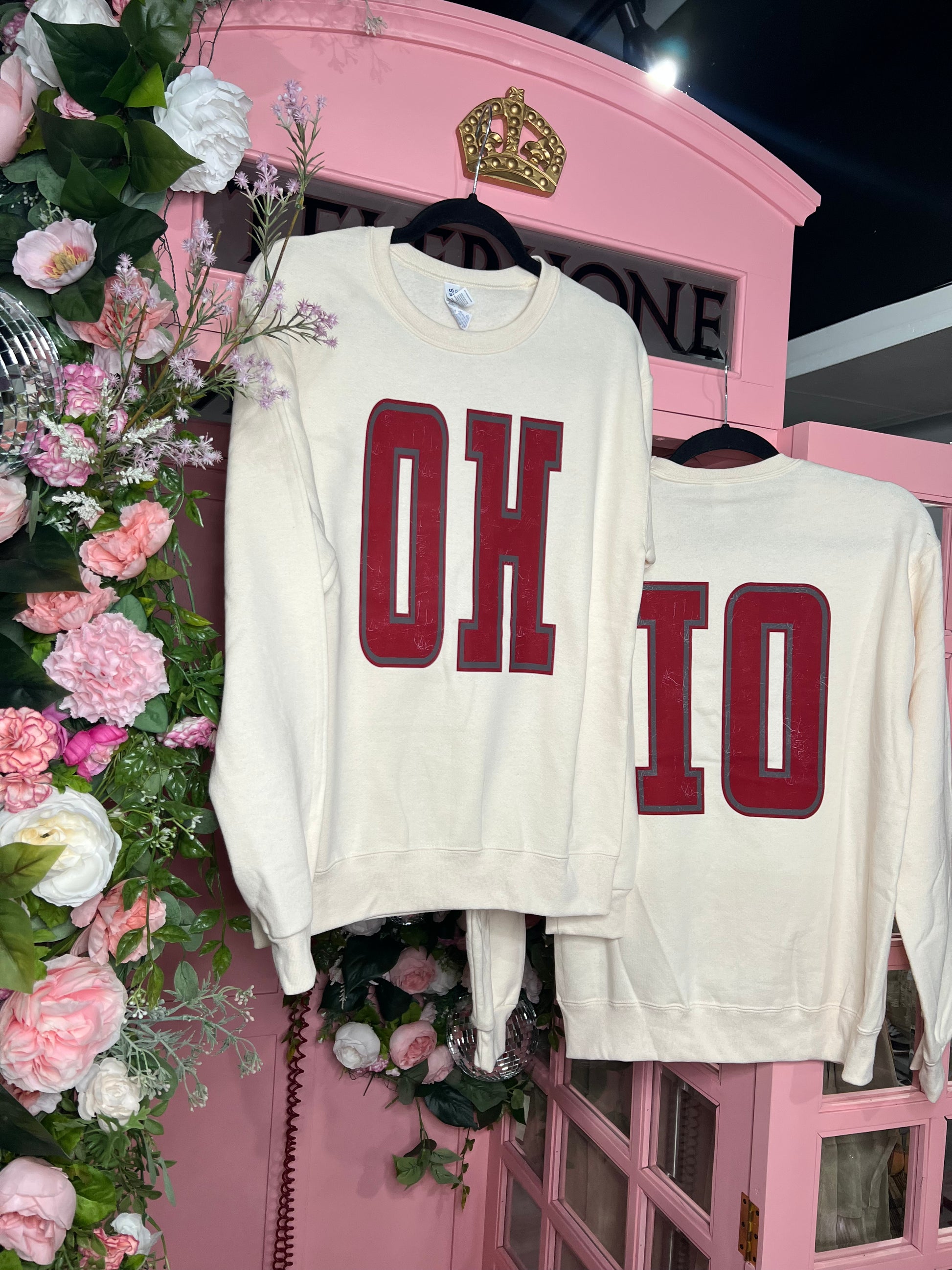 OH-IO Crewneck Sweatshirt (Cream) — soft Jerzees sweatshirt with front and back Ohio print, perfect for college football and game day style, available at Frost Impressions Boutique in Wapakoneta, Ohio.