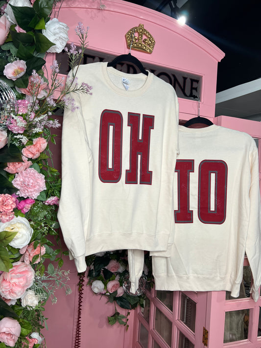 OH-IO Crewneck Sweatshirt (Cream) — soft Jerzees sweatshirt with front and back Ohio print, perfect for college football and game day style, available at Frost Impressions Boutique in Wapakoneta, Ohio.