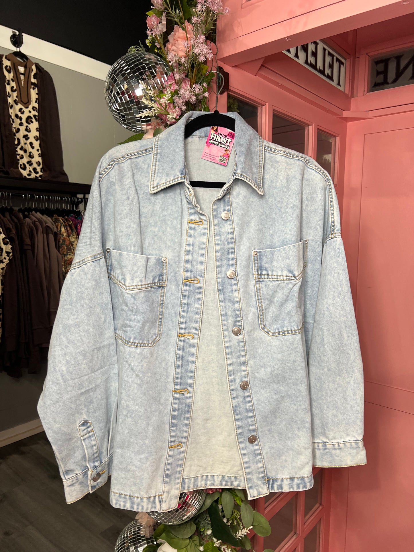Longer-length soft denim jacket with side detail — Daily Drop Denim Jacket from Frost Impressions Boutique in Wapakoneta, Ohio.
