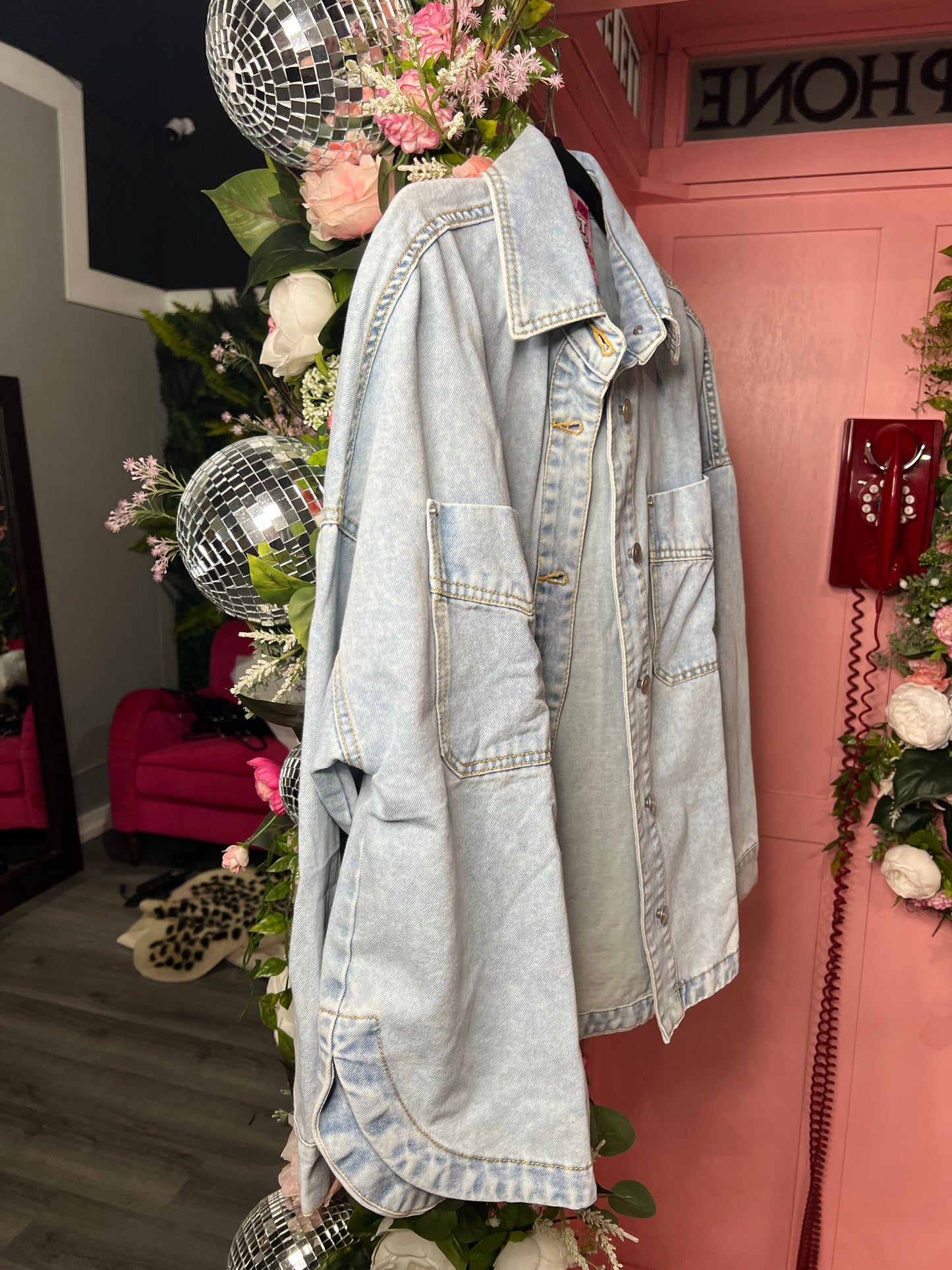 Longer-length soft denim jacket with side detail — Daily Drop Denim Jacket from Frost Impressions Boutique in Wapakoneta, Ohio.