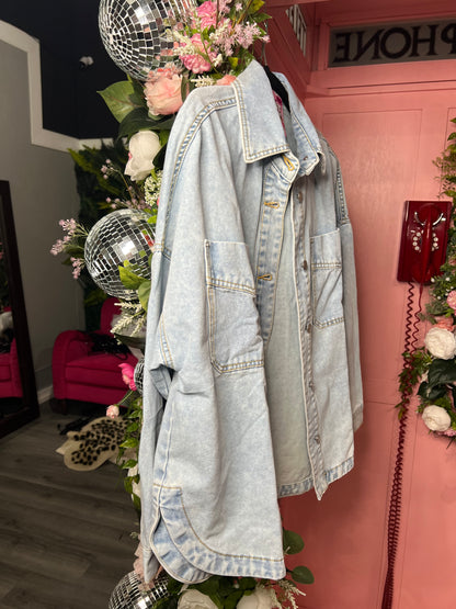 Longer-length soft denim jacket with side detail — Daily Drop Denim Jacket from Frost Impressions Boutique in Wapakoneta, Ohio.