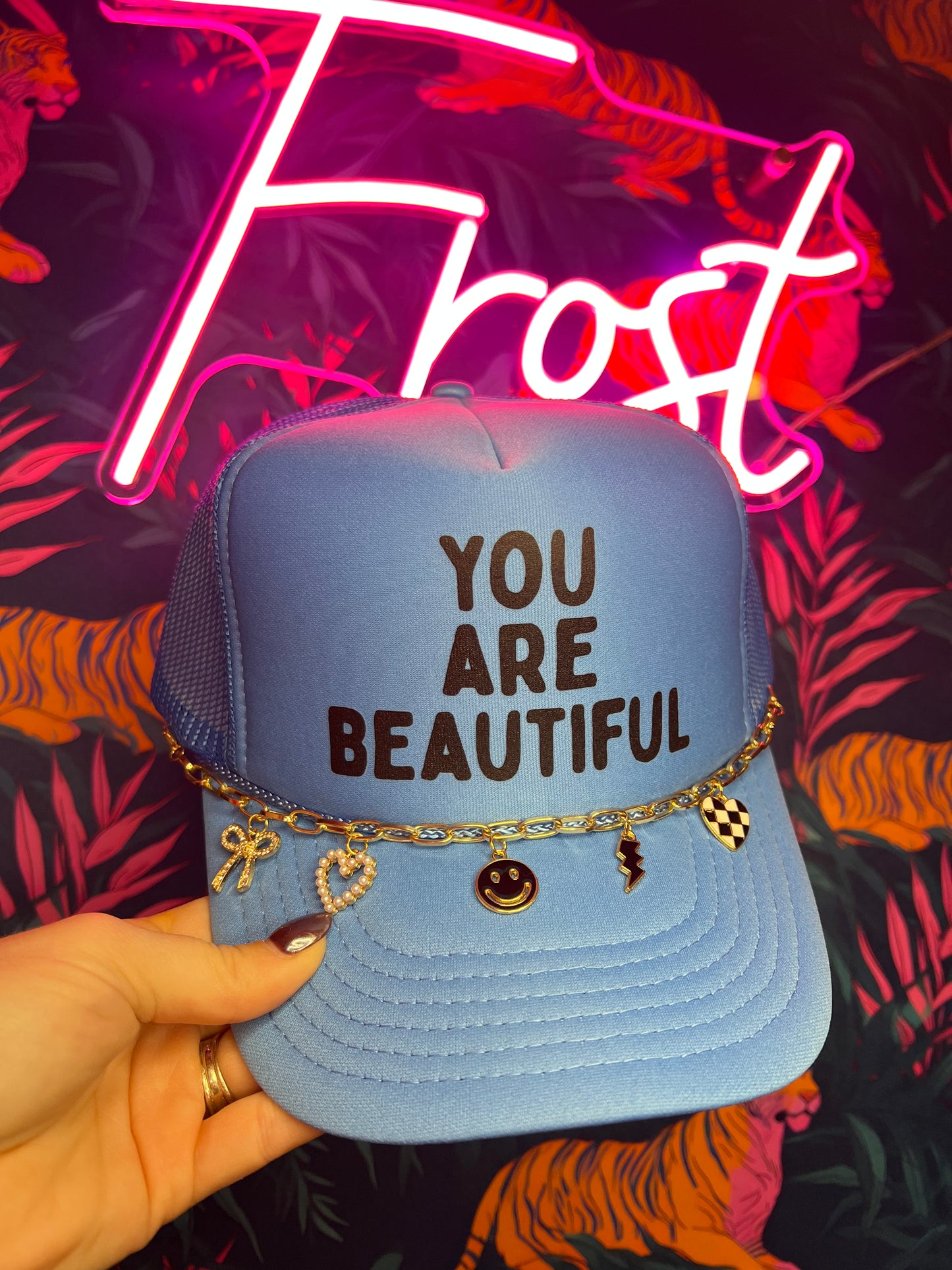 You Are Beautiful Cloud Blue Foam Trucker Hat with chain detail — inspirational boutique hat from Frost Impressions Boutique in Wapakoneta, Ohio.