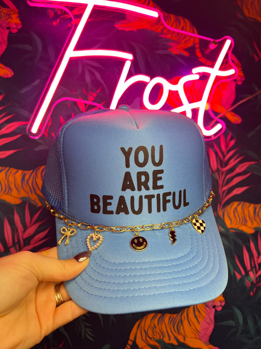 You Are Beautiful Cloud Blue Foam Trucker Hat with chain detail — inspirational boutique hat from Frost Impressions Boutique in Wapakoneta, Ohio.
