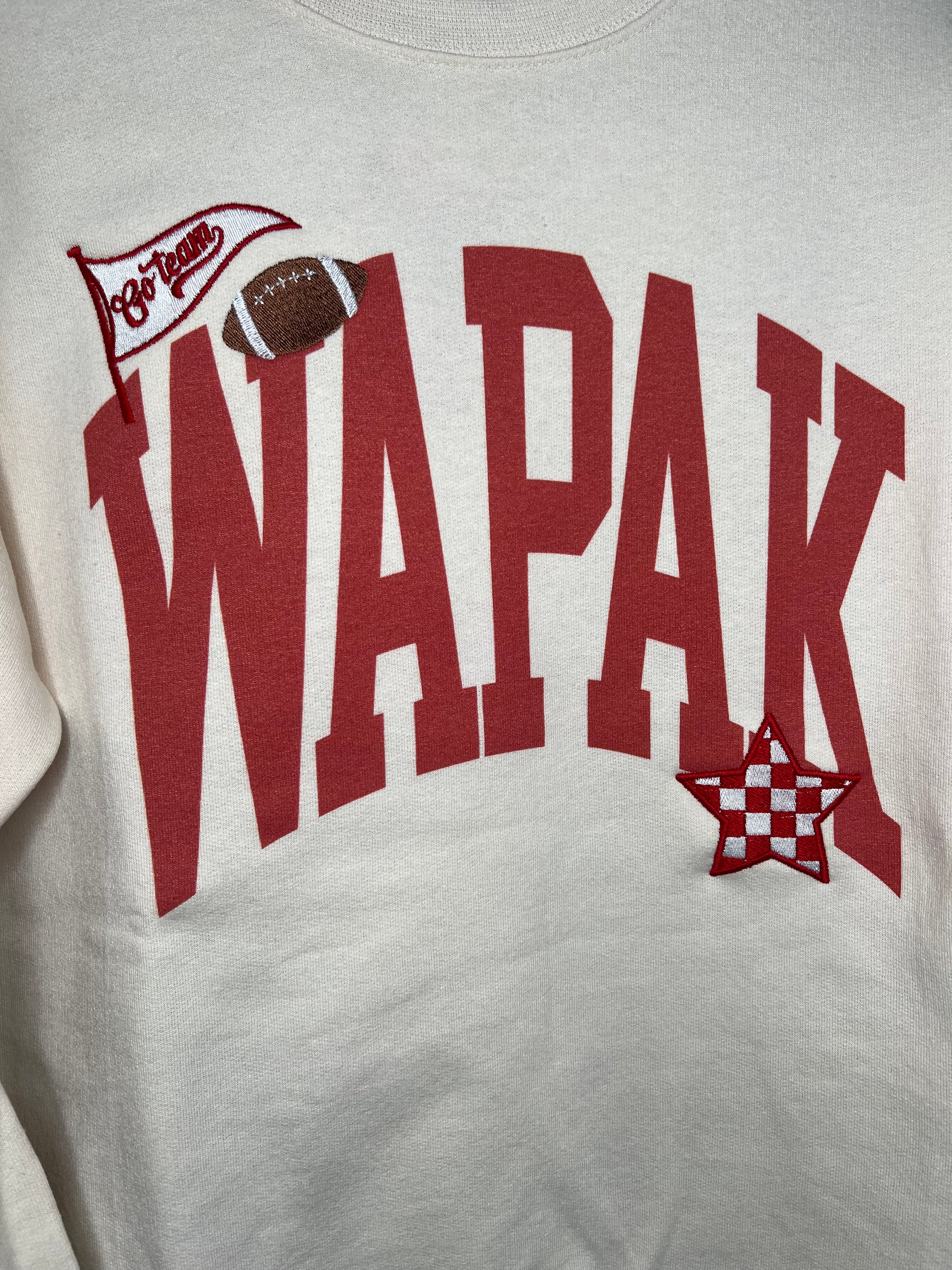 WAPAK embroidered patch crewneck sweatshirt — cozy local hometown sweatshirt from Frost Impressions Boutique in Wapakoneta, Ohio.