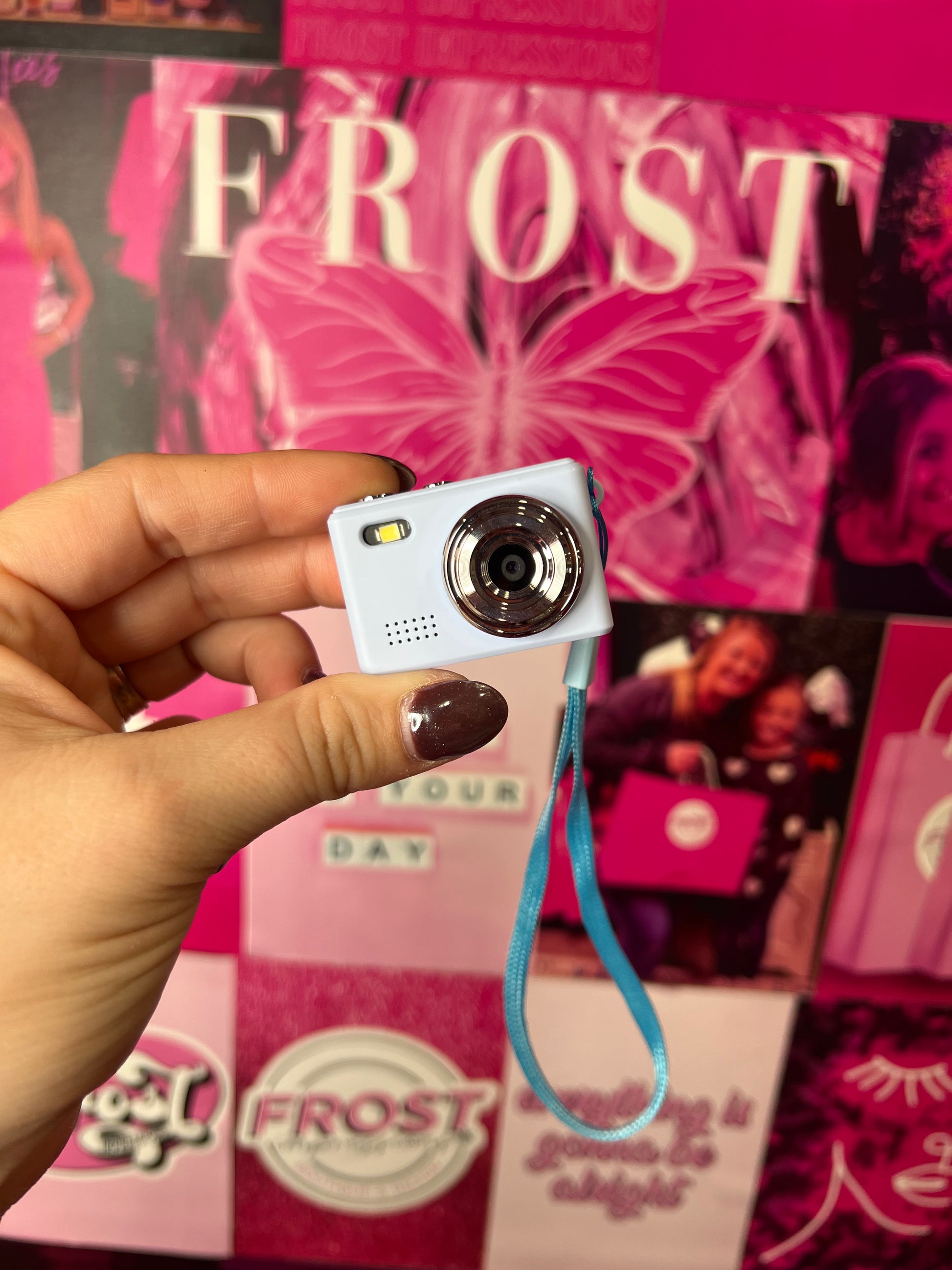 Mini Keychain Digital Camera Collection — multiple colors including Rose Gold, Silver, Lime, Baby Blue, White, Black, Black Vintage, and Brown Vintage — available at Frost Impressions Boutique in Wapakoneta, Ohio.