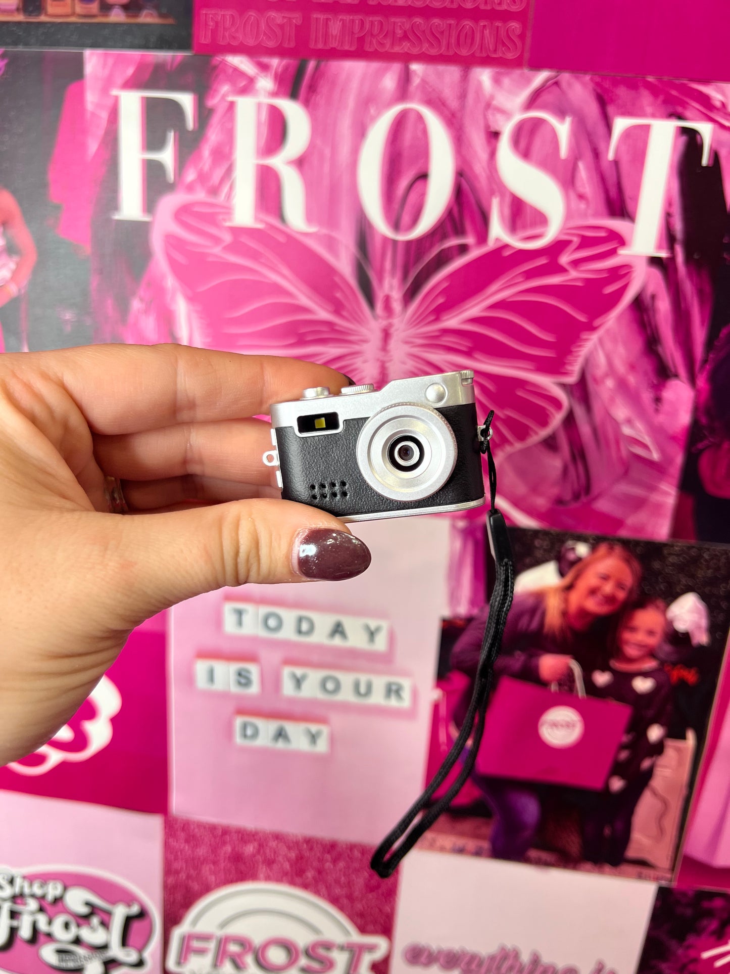 Mini Keychain Digital Camera Collection — multiple colors including Rose Gold, Silver, Lime, Baby Blue, White, Black, Black Vintage, and Brown Vintage — available at Frost Impressions Boutique in Wapakoneta, Ohio.