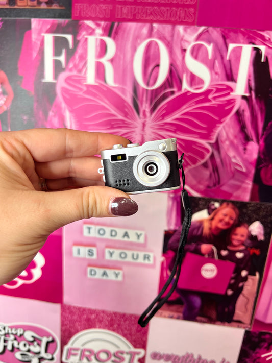 Mini Keychain Digital Camera Collection — multiple colors including Rose Gold, Silver, Lime, Baby Blue, White, Black, Black Vintage, and Brown Vintage — available at Frost Impressions Boutique in Wapakoneta, Ohio.