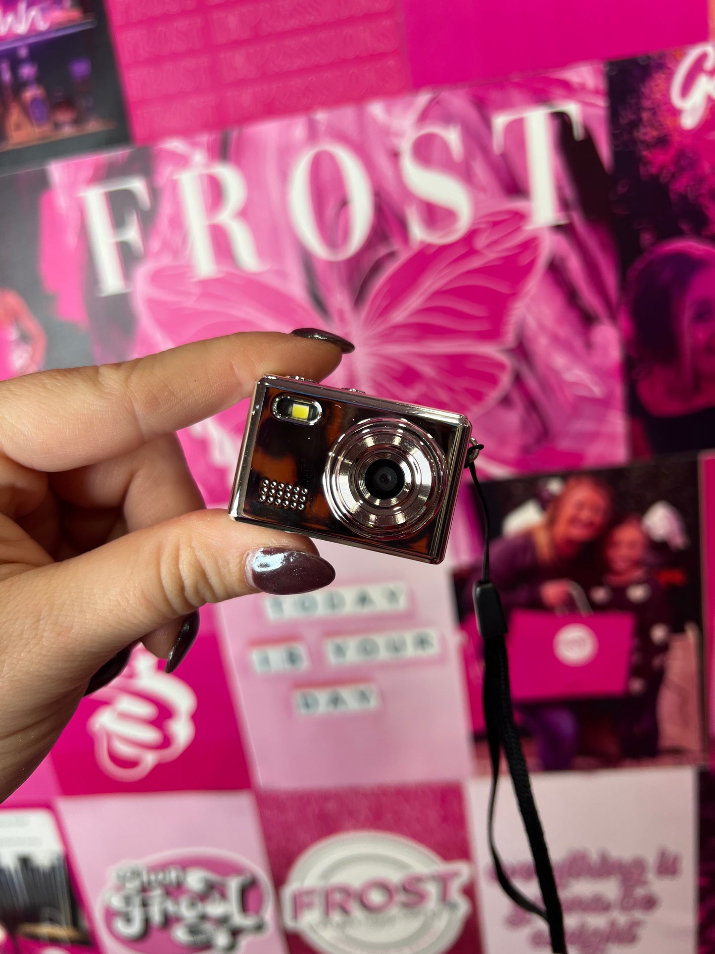 Mini Keychain Digital Camera Collection — multiple colors including Rose Gold, Silver, Lime, Baby Blue, White, Black, Black Vintage, and Brown Vintage — available at Frost Impressions Boutique in Wapakoneta, Ohio.