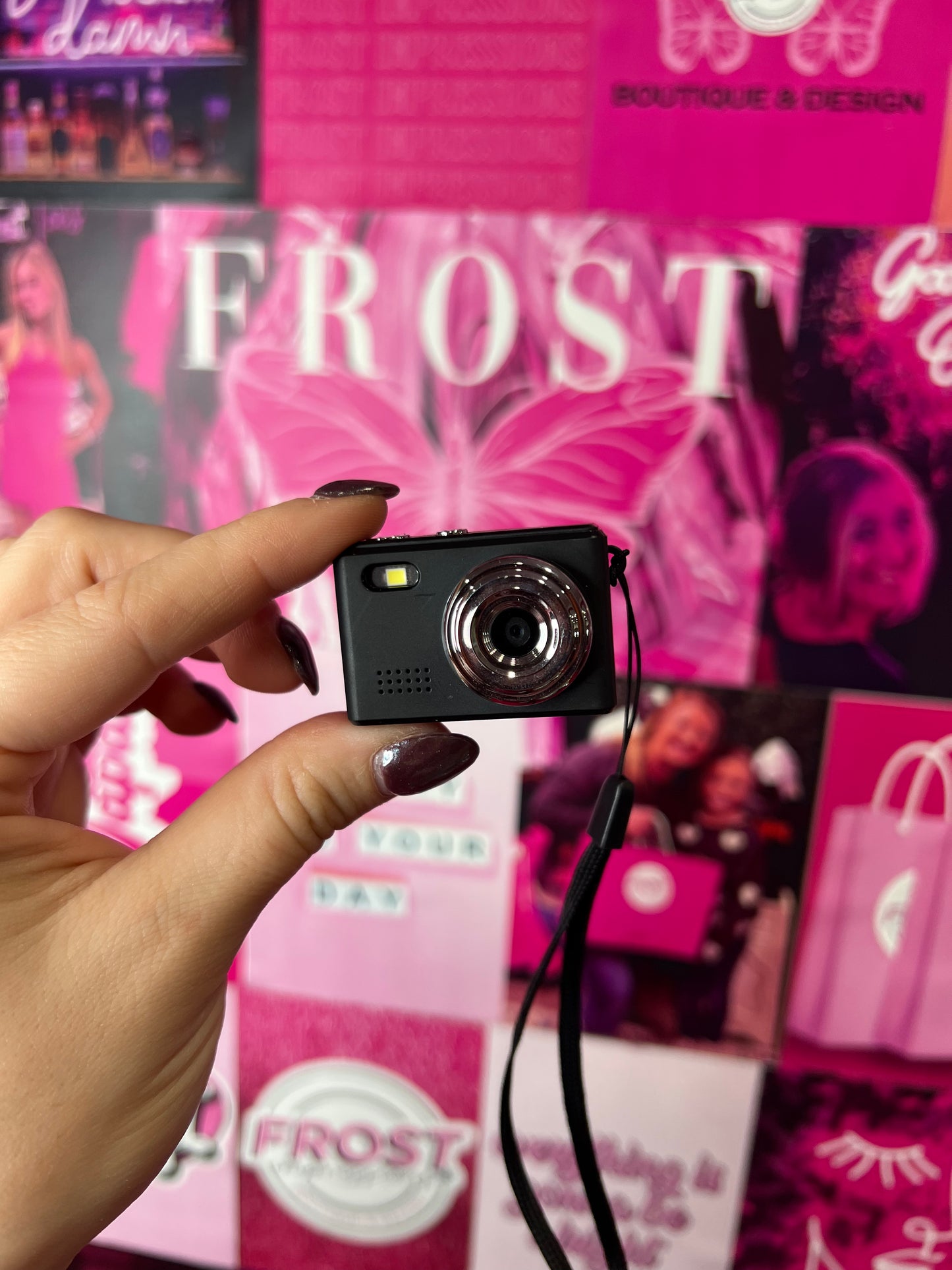 Mini Keychain Digital Camera Collection — multiple colors including Rose Gold, Silver, Lime, Baby Blue, White, Black, Black Vintage, and Brown Vintage — available at Frost Impressions Boutique in Wapakoneta, Ohio.