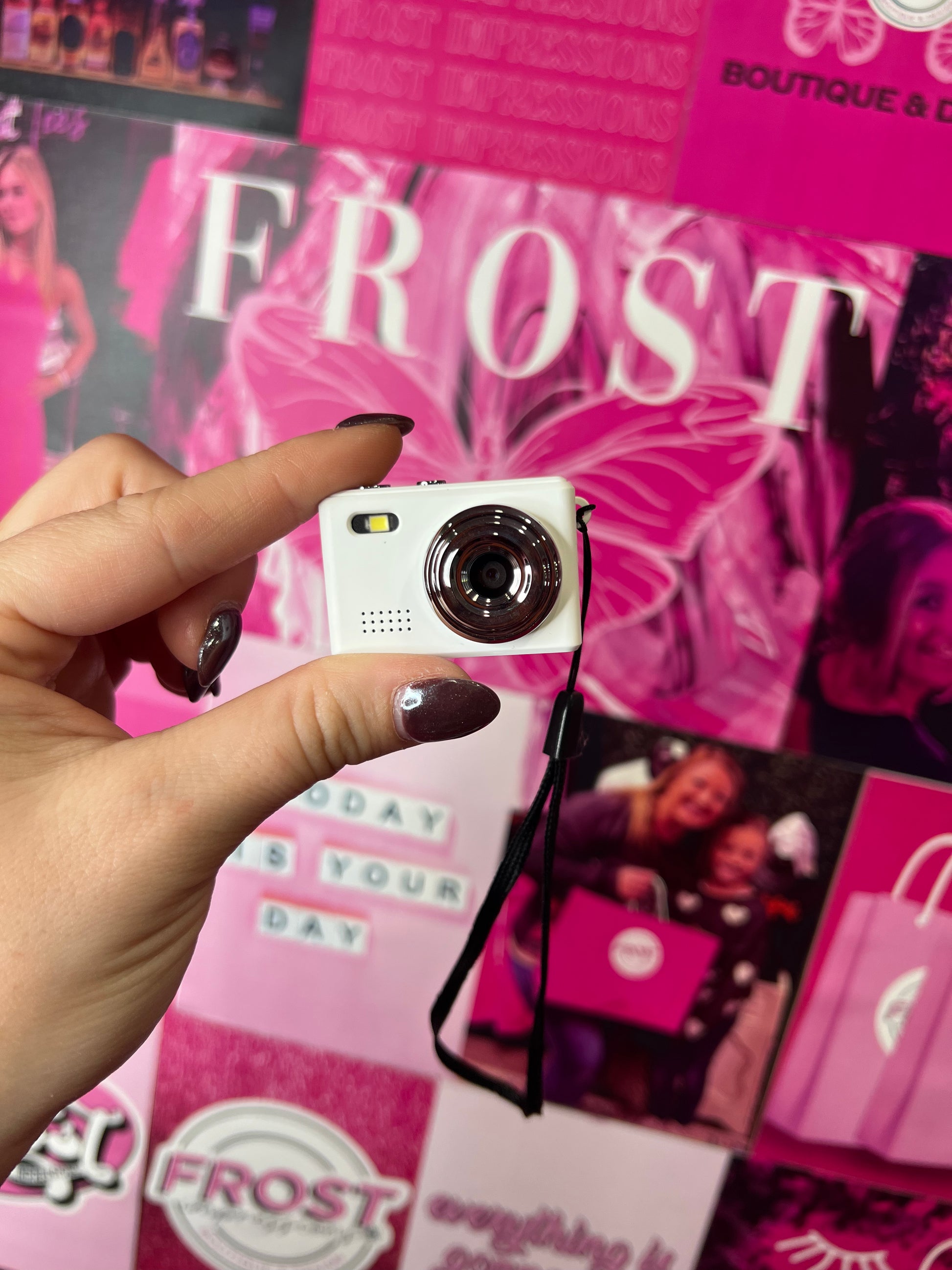 Mini Keychain Digital Camera Collection — multiple colors including Rose Gold, Silver, Lime, Baby Blue, White, Black, Black Vintage, and Brown Vintage — available at Frost Impressions Boutique in Wapakoneta, Ohio.