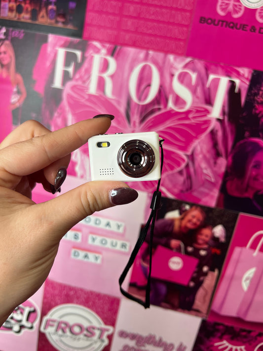 Mini Keychain Digital Camera Collection — multiple colors including Rose Gold, Silver, Lime, Baby Blue, White, Black, Black Vintage, and Brown Vintage — available at Frost Impressions Boutique in Wapakoneta, Ohio.