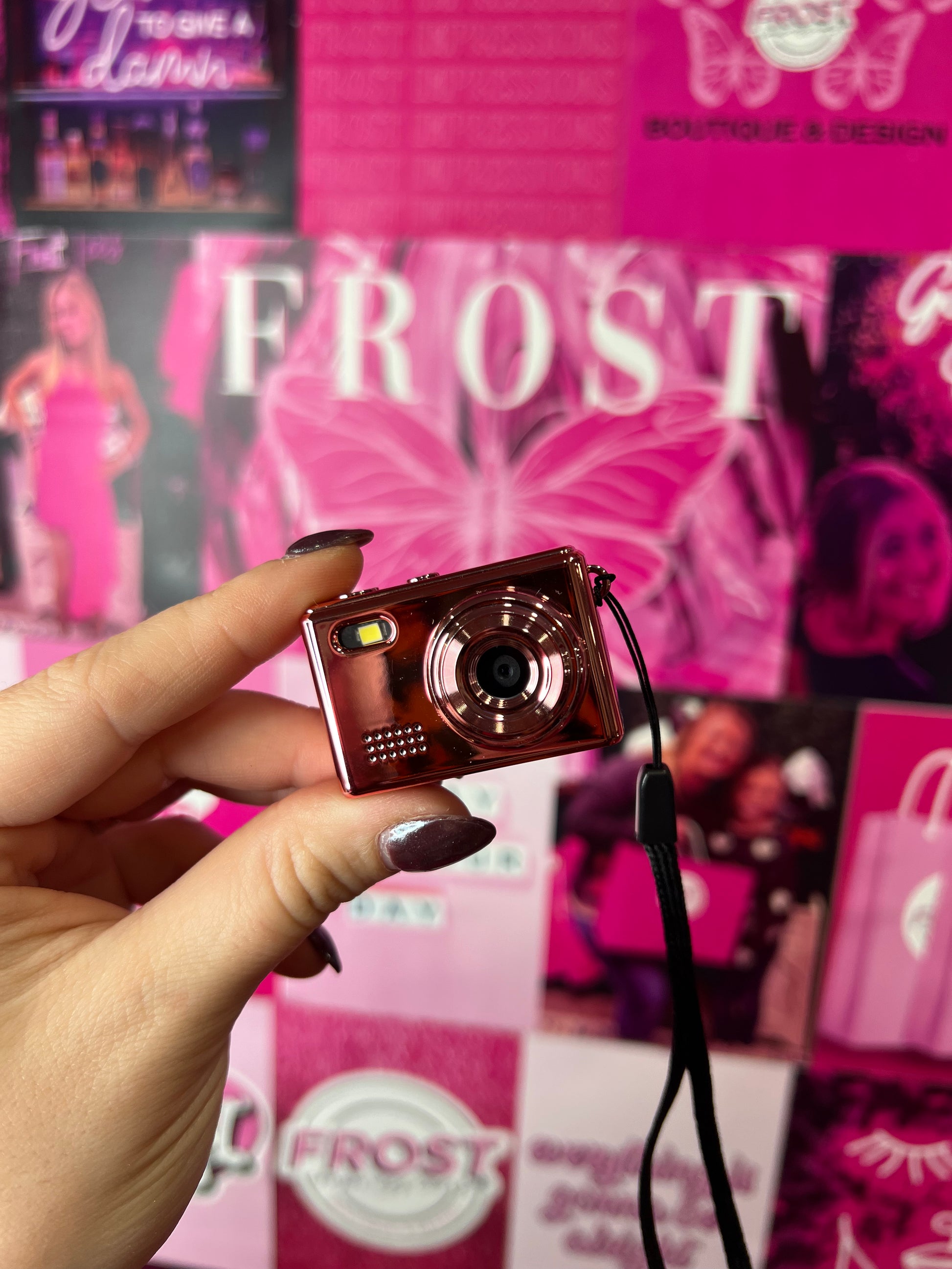 Mini Keychain Digital Camera Collection — multiple colors including Rose Gold, Silver, Lime, Baby Blue, White, Black, Black Vintage, and Brown Vintage — available at Frost Impressions Boutique in Wapakoneta, Ohio.