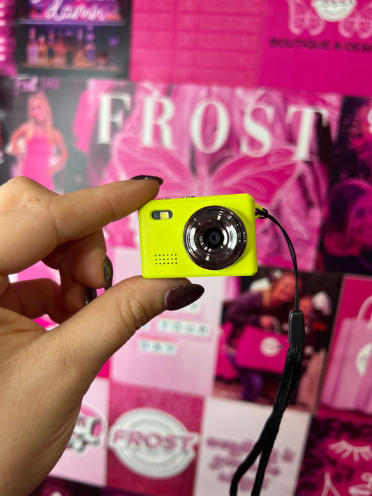 Mini Keychain Digital Camera Collection — multiple colors including Rose Gold, Silver, Lime, Baby Blue, White, Black, Black Vintage, and Brown Vintage — available at Frost Impressions Boutique in Wapakoneta, Ohio.