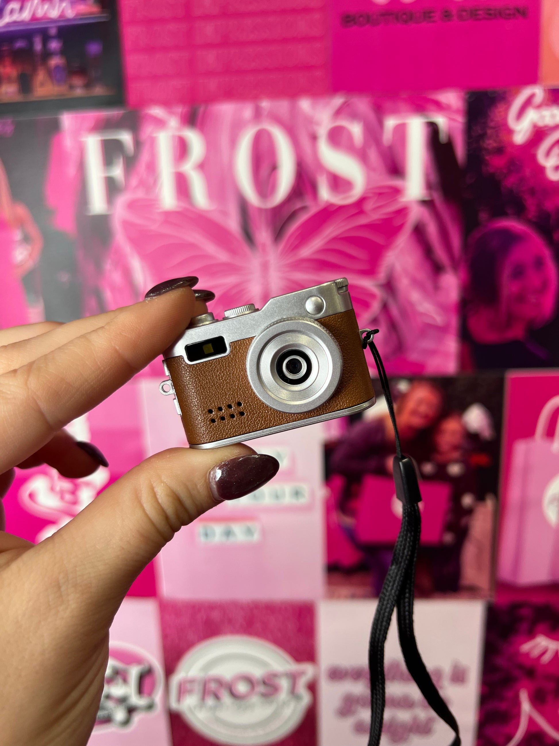 Mini Keychain Digital Camera Collection — multiple colors including Rose Gold, Silver, Lime, Baby Blue, White, Black, Black Vintage, and Brown Vintage — available at Frost Impressions Boutique in Wapakoneta, Ohio.