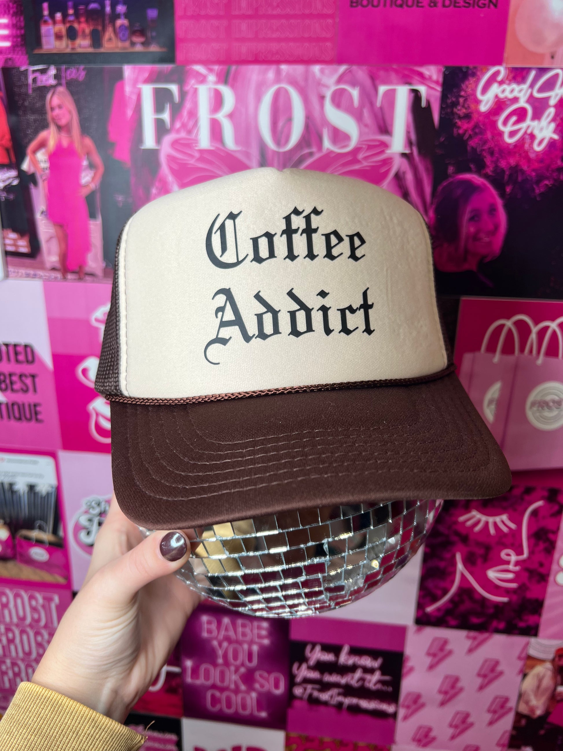 Brown and cream foam Otto trucker hat with “Coffee Addict” design — trendy boutique hat from Frost Impressions Boutique in Wapakoneta, Ohio.
