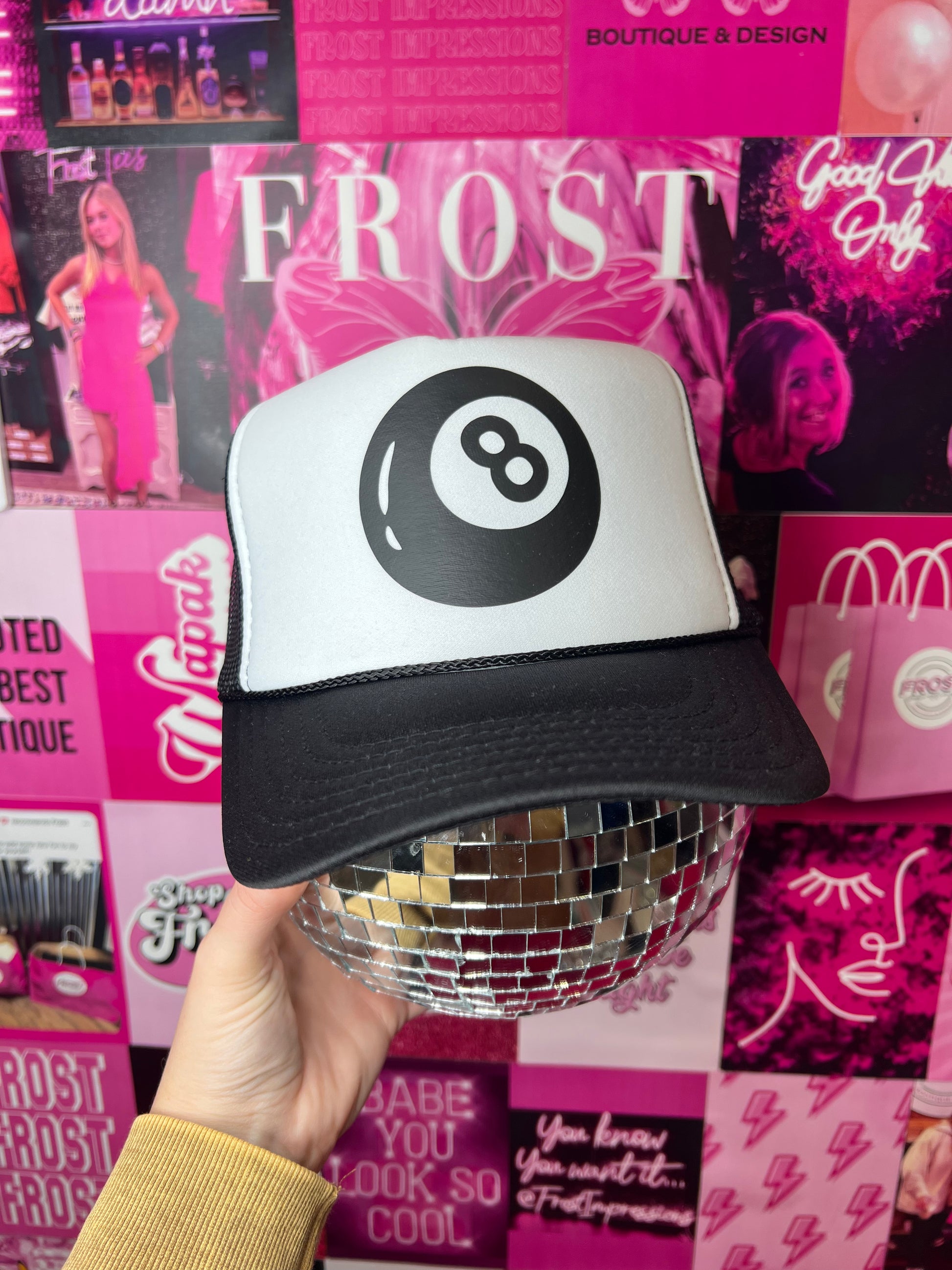 Black and white foam Otto trucker hat with trendy 8 Ball design — boutique hat from Frost Impressions Boutique in Wapakoneta, Ohio.