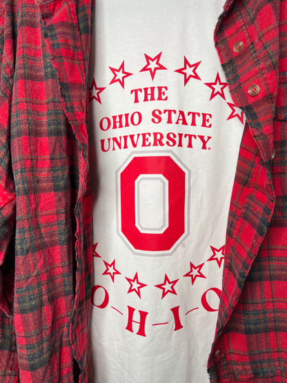 White oversized OSU graphic tee with red star design — trendy game day top from Frost Impressions Boutique in Wapakoneta, Ohio.